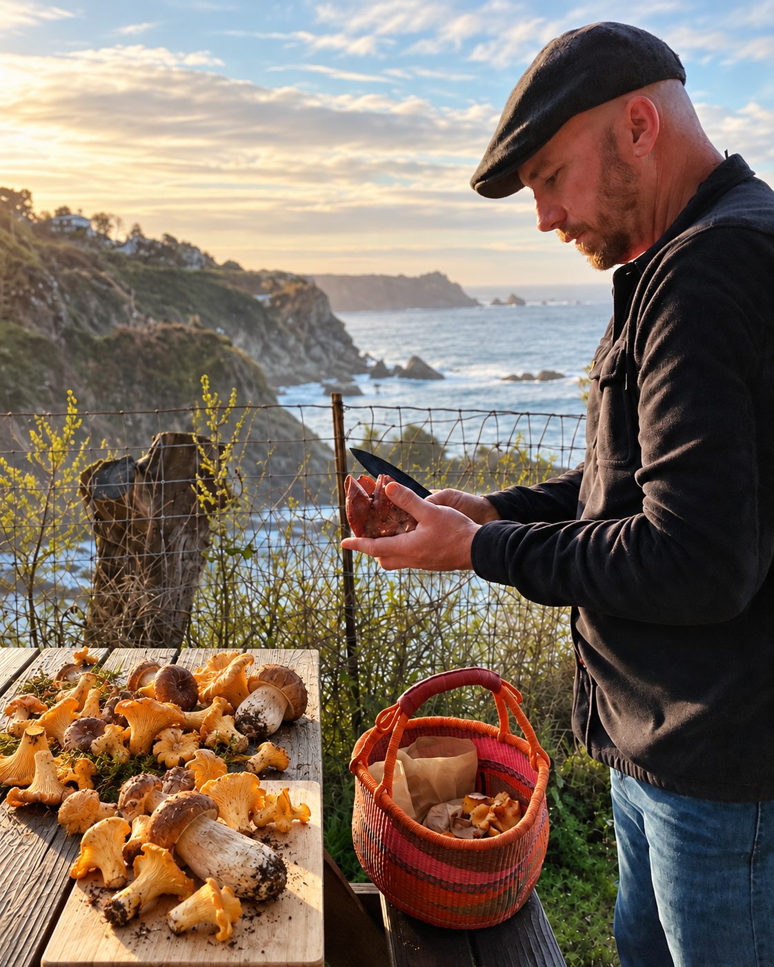 Colin Disheroon cleaning wild chanterelles and porcini on the Mendocino coast