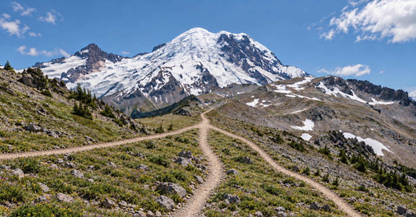 Three trails crossing an alpine meadow and converging toward a snow-covered mountain peak